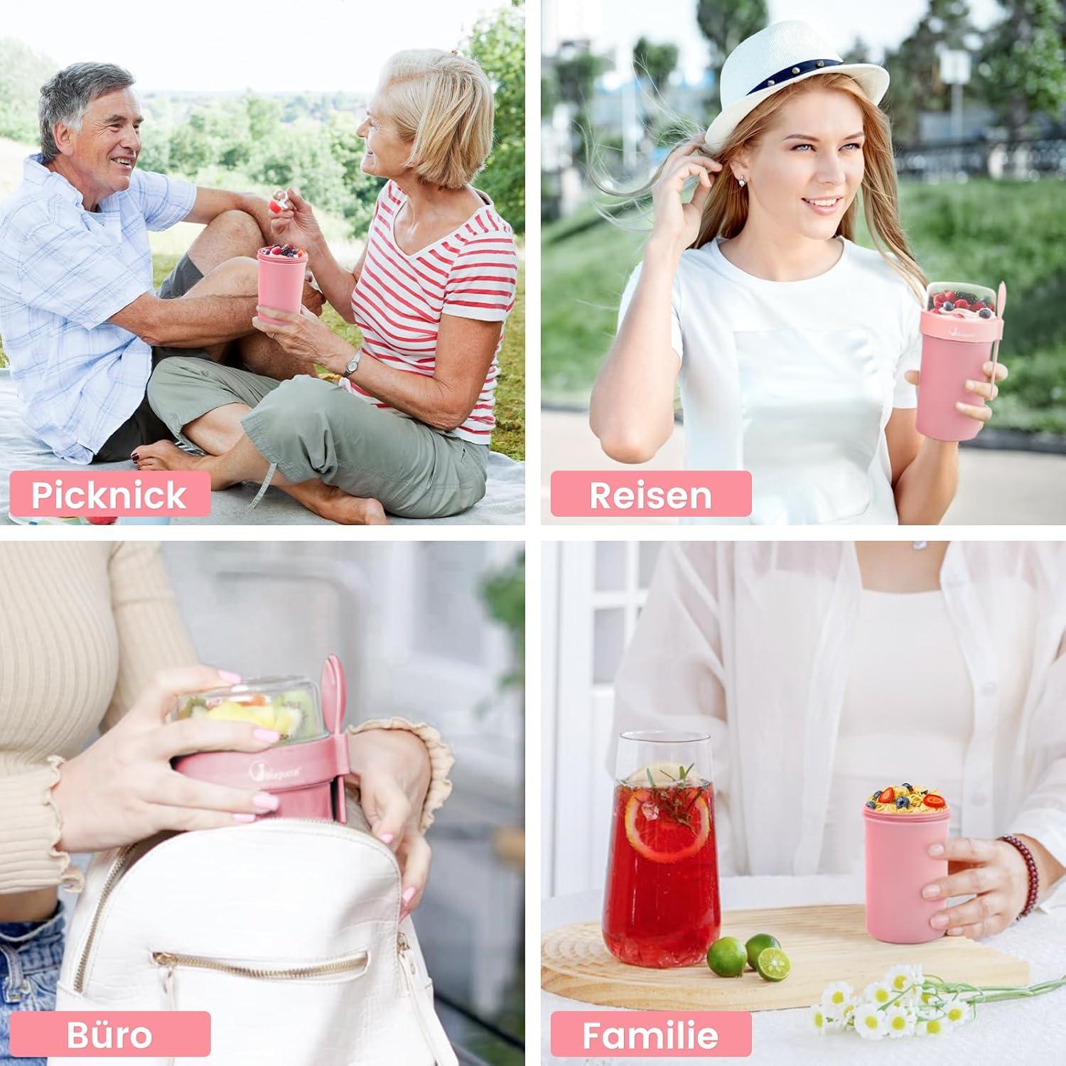 Bugucat Müslibecher to Go Set Joghurtbecher 2er Müsli Cup Becher 2set blau rosa