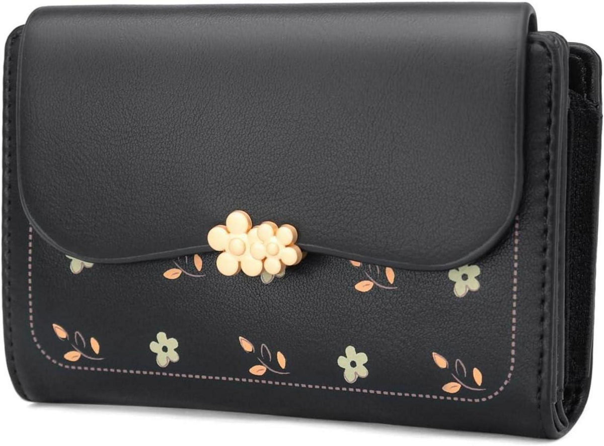 Frauen Geldbörse PU Leder mit vielen Fächern und Zipper Schwarz