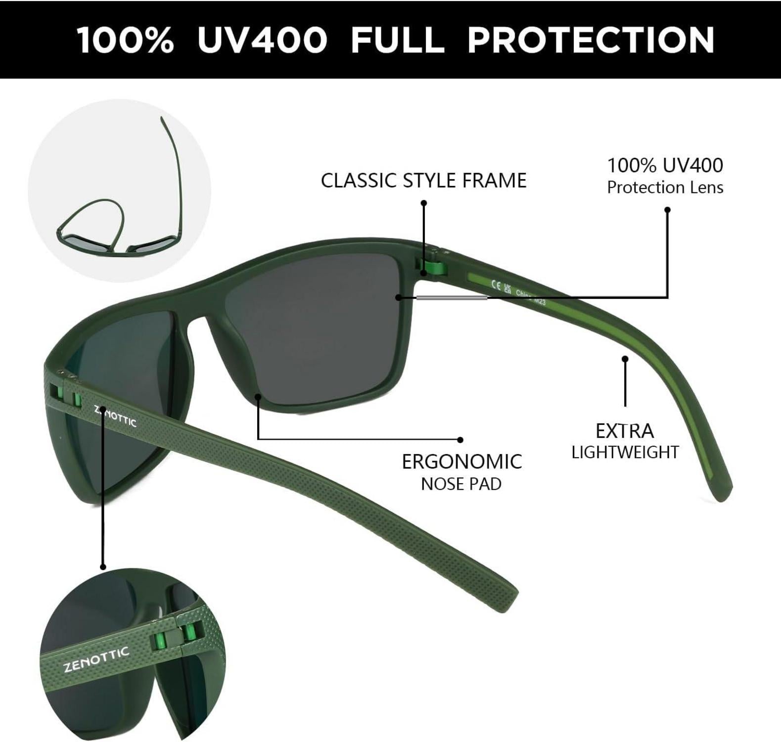 Polarisierte TR90 Herren Sonnenbrille Quadrat UV400 Grüner Rahmen/Lila Gläser