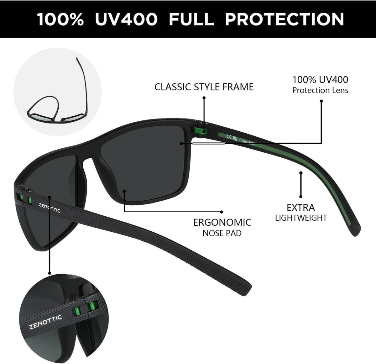 Polarisierte Herren TR90 Sonnenbrille UV400 Schutz Schwarz Grün