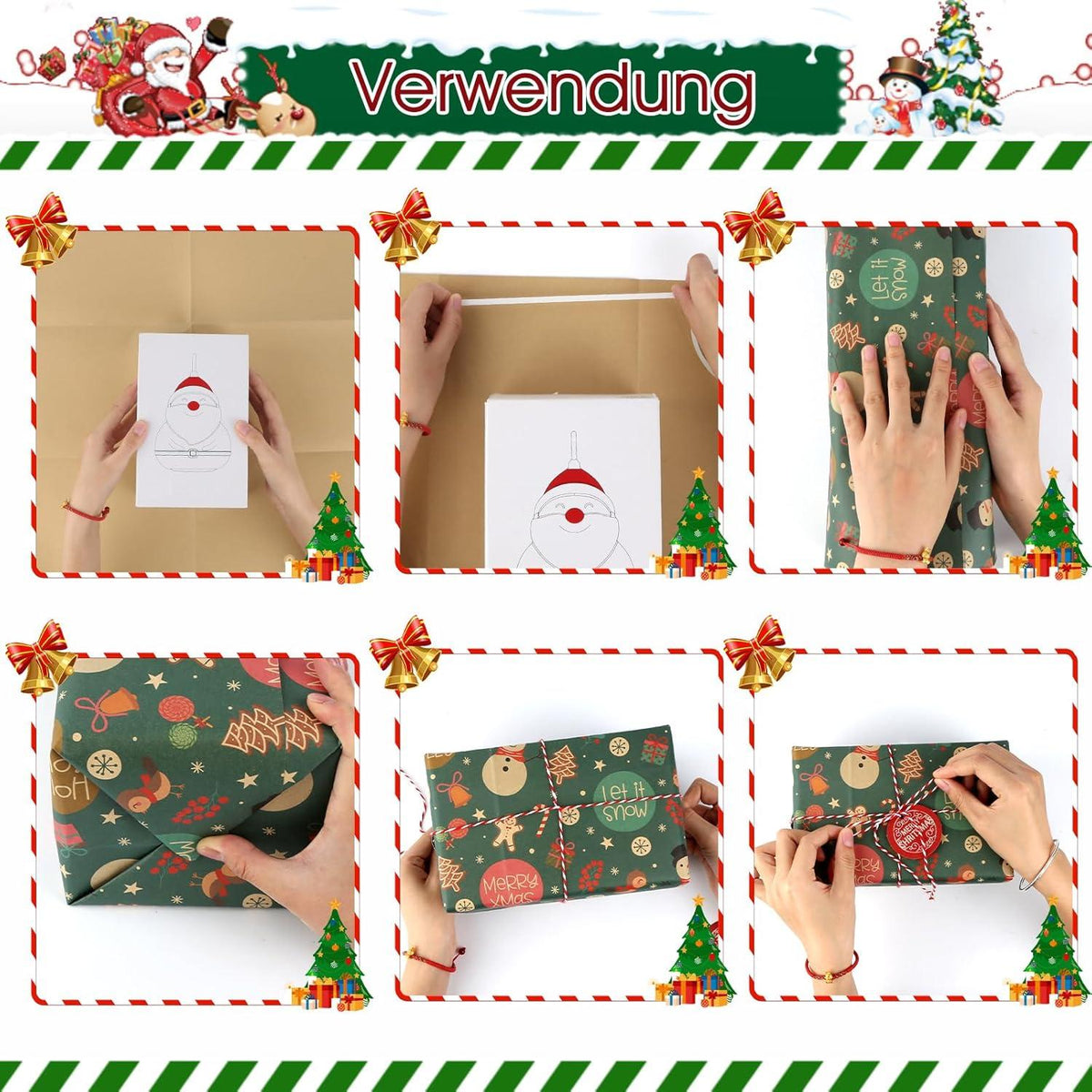 10 Blatt Kraft Geschenkpapier Weihnachten 50x70cm mit Band Etiketten Karten und Klebeband Gelb