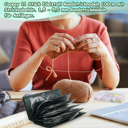 Rundstricknadeln Set 100cm Edelstahl 11 Stück mit Etui und