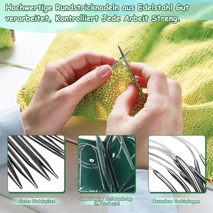 11 tlg. Rundstricknadeln Set 100 cm Edelstahl Etui Strickzubehör