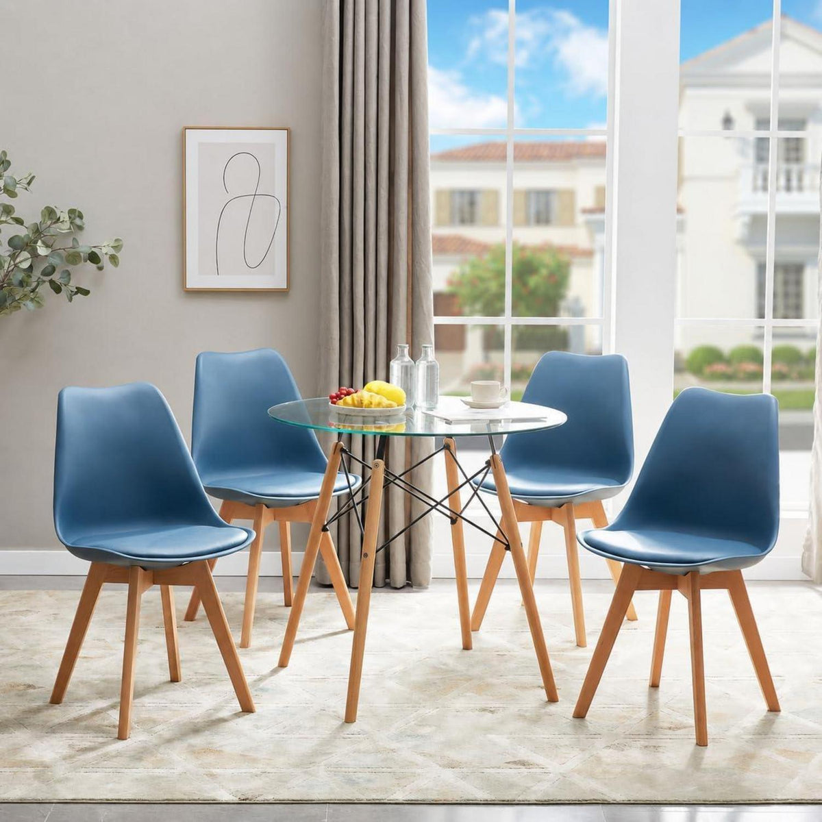 Esszimmerstühle Set 8 Buche Holz, Skandinavisch Morandi Dunkelblau