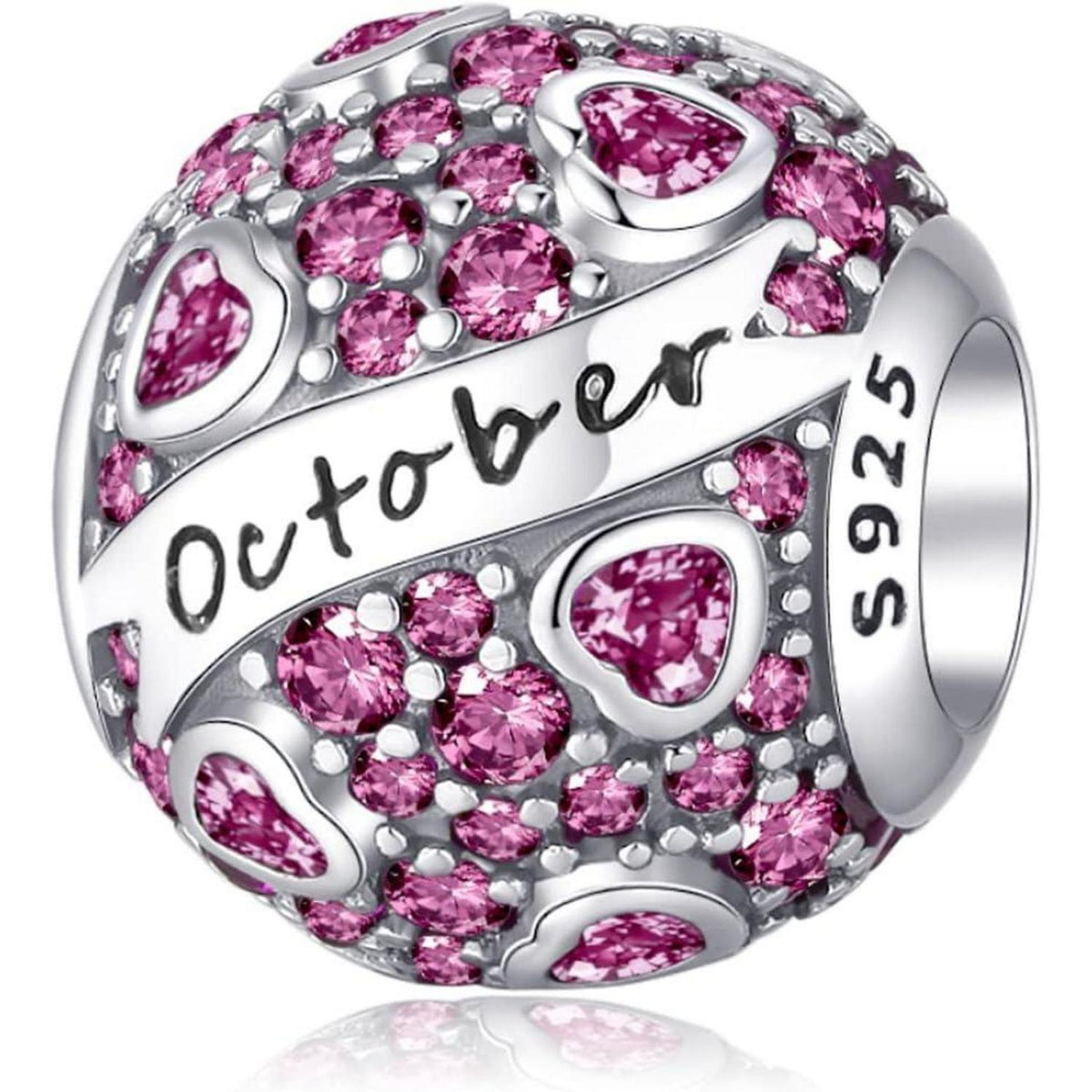 925 Sterling Silber Geburtsstein Charm Anhänger - Oktober Herz Zirkon