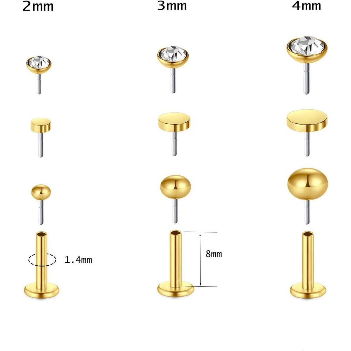 Labret Piercing Set 9+3 Stück, 16G Chirurgenstahl & Acryl, 2-4mm CZ