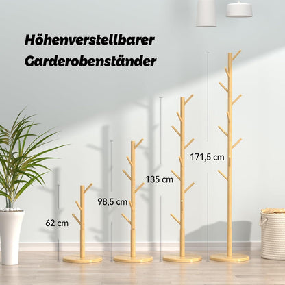 EXABANG Garderobenständer Holz 9 Haken 4 Höhen verstellbar
