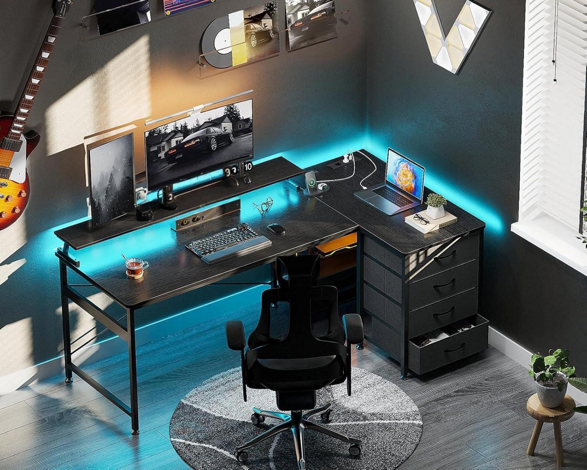 ODK Eckschreibtisch 140x80cm LED Gaming Tisch Schwarz