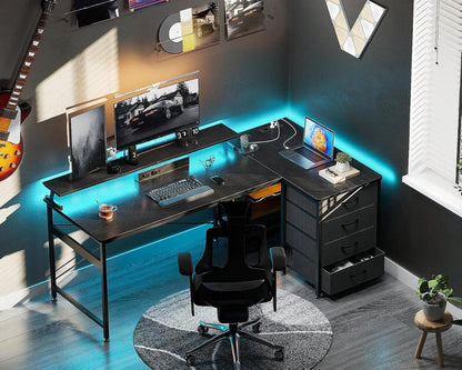 Eckschreibtisch mit Schubladen und USB-Ladeanschluss, Gaming Tisch L Form LED