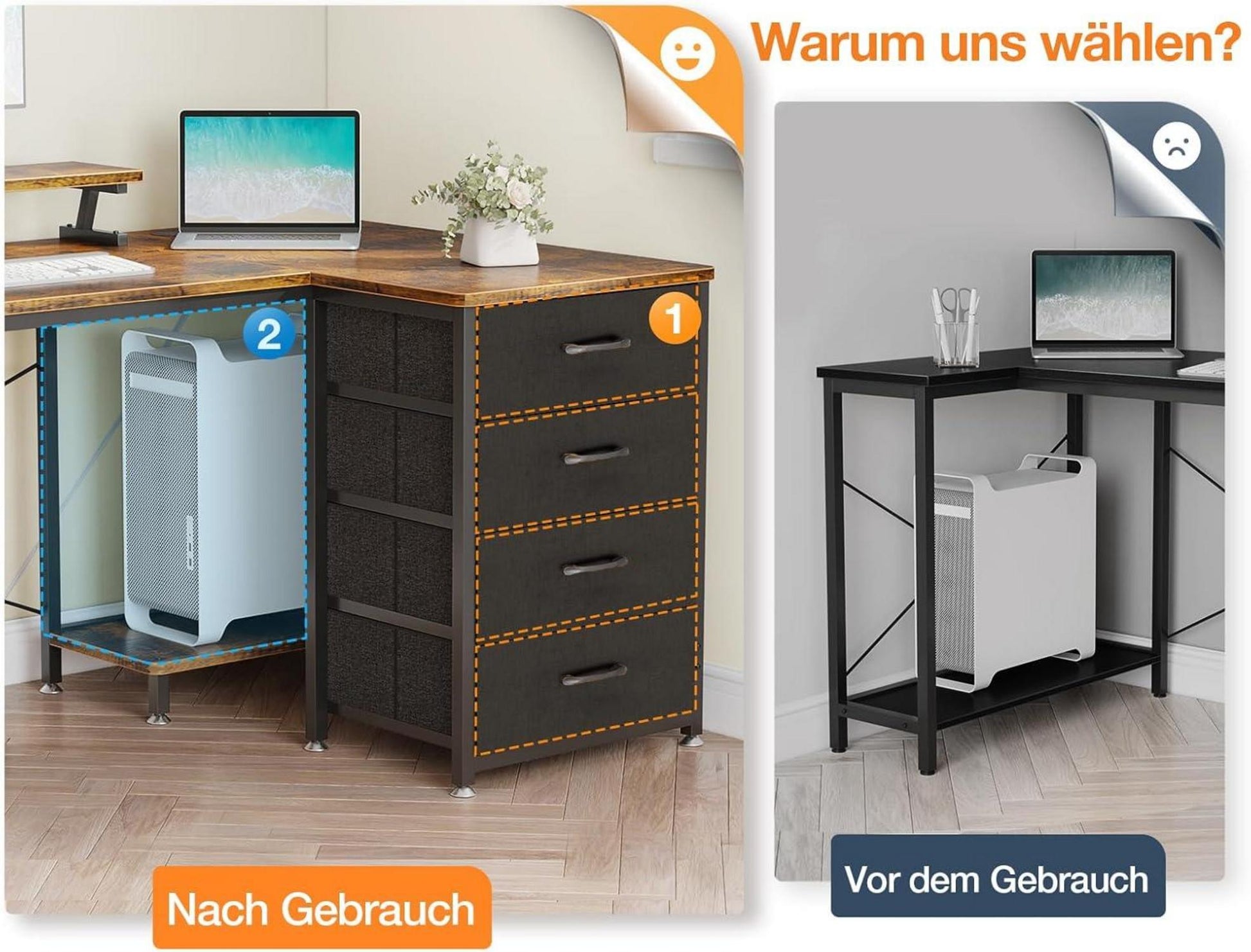 ODK Schreibtisch L Form 160x80x84.7cm mit Monitorablage und Ladestation