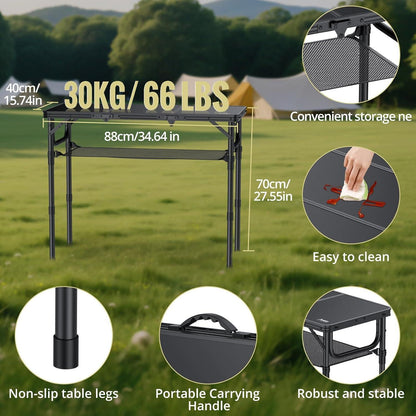 Klapptisch Aluminium 88x40cm 3 Höhen, mit Netz, Ganz Schwarz