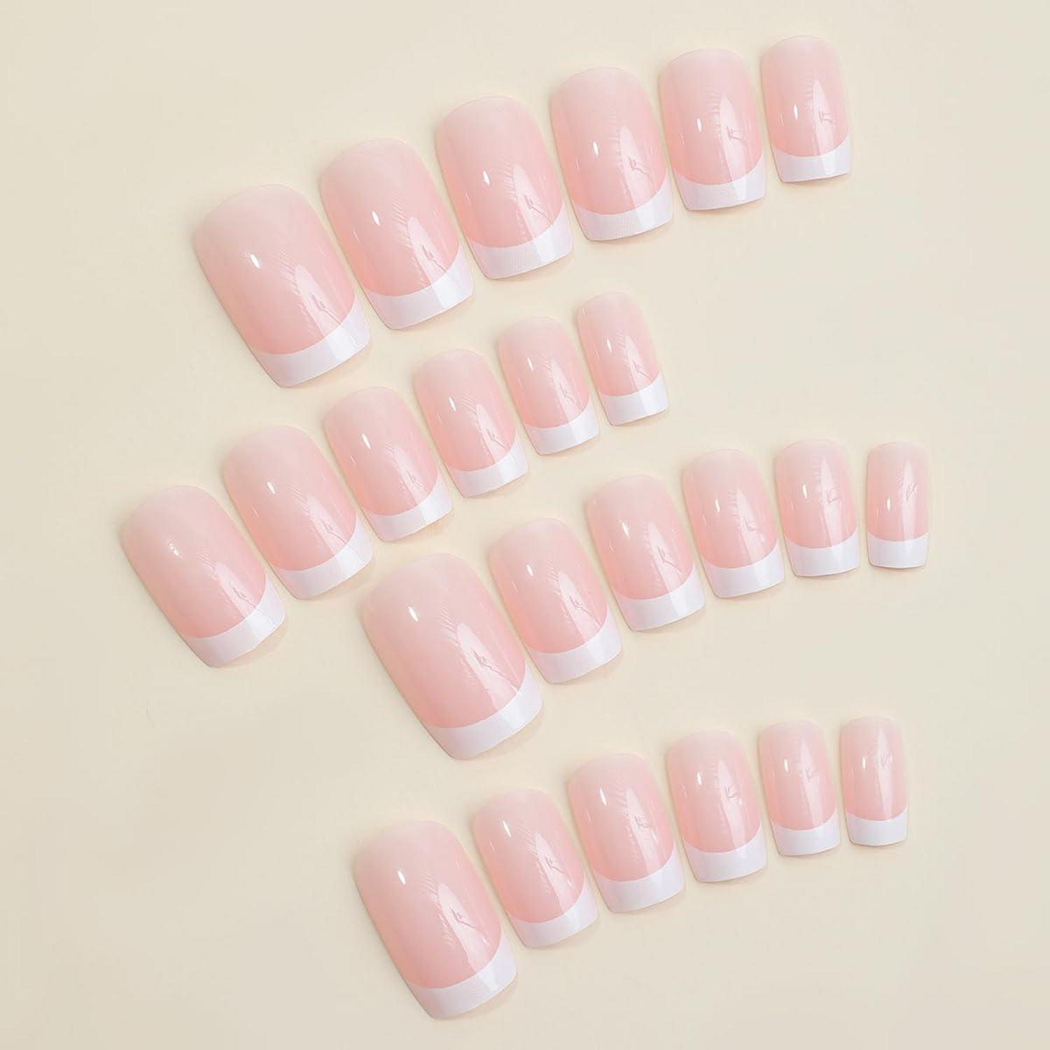 24 Stück Glossy Eckig Nägel Zum Aufkleben French Weiß Pink
