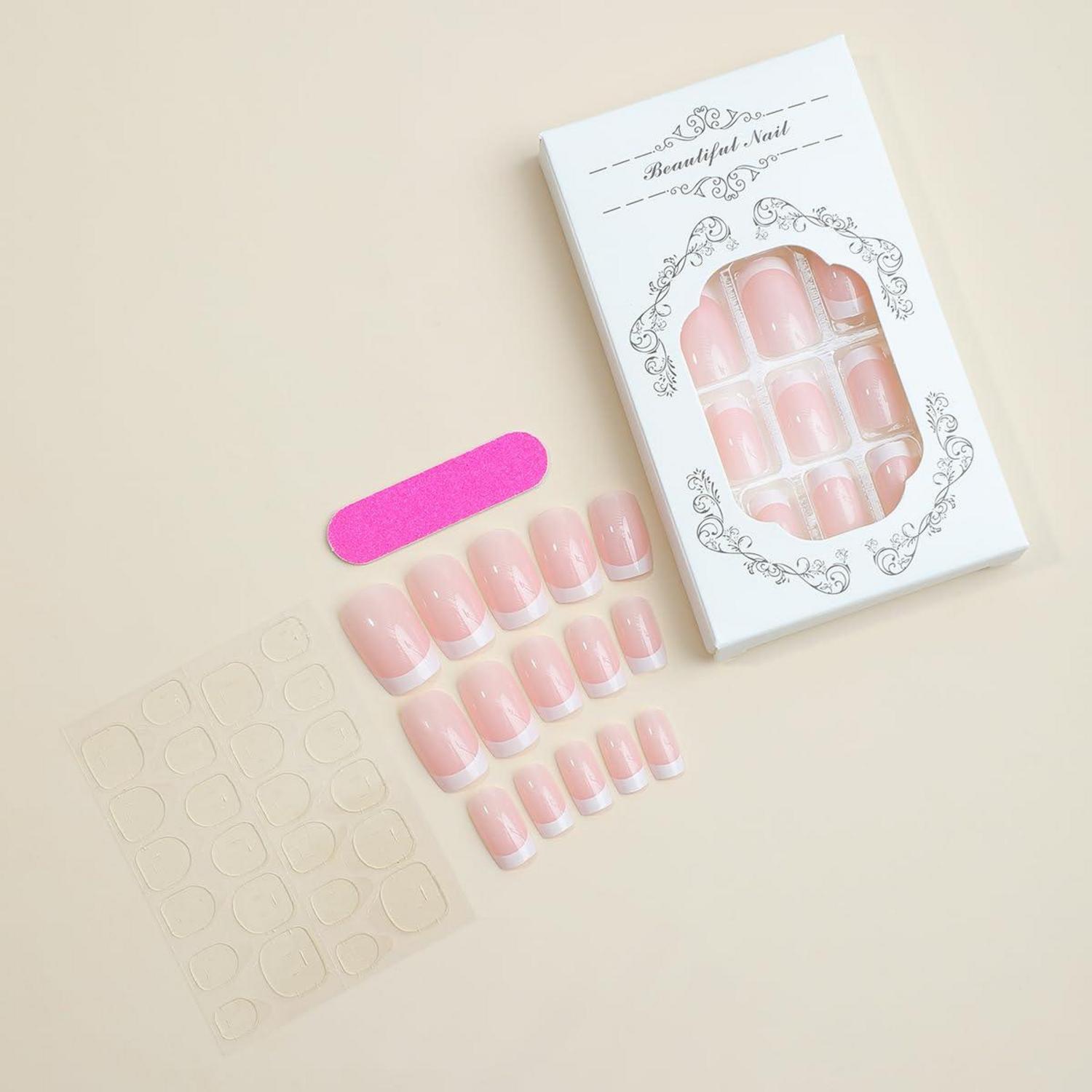 24 Stück Glossy Eckig Nägel Zum Aufkleben, Weiß & Pink, Künstliche Nägel Mittel