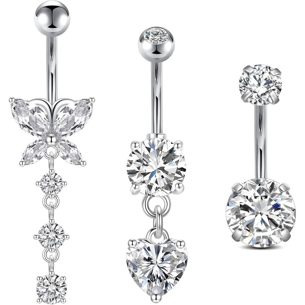 Bauchnabelpiercing 3er Set 10mm Chirurgenstahl Silber Gold Herz Schmetterling