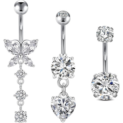Bauchnabelpiercing 3er Set 10mm Chirurgenstahl Silber Gold Herz Schmetterling