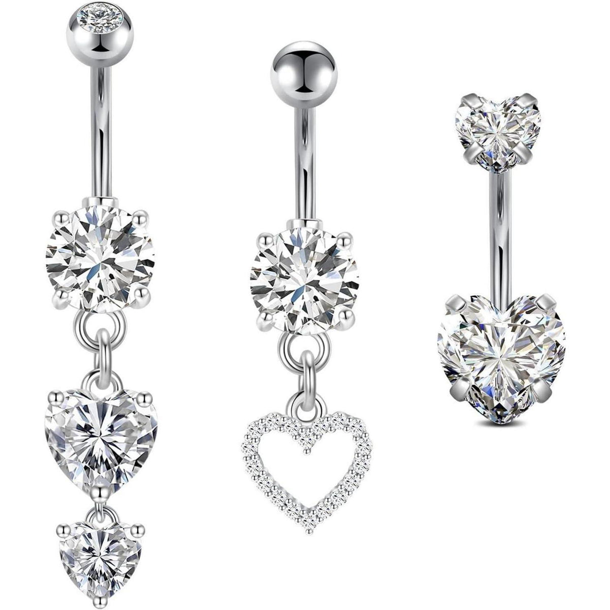 3er Set Bauchnabelpiercing 10mm Chirurgenstahl Silber Gold Herz Schmetterling