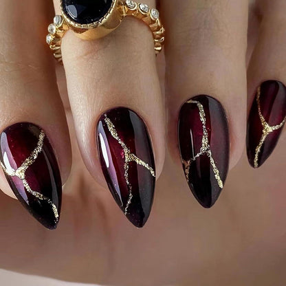 24 Mandel Falsch Nägel Dunkelrot Französisch Glänzend Press On Nails