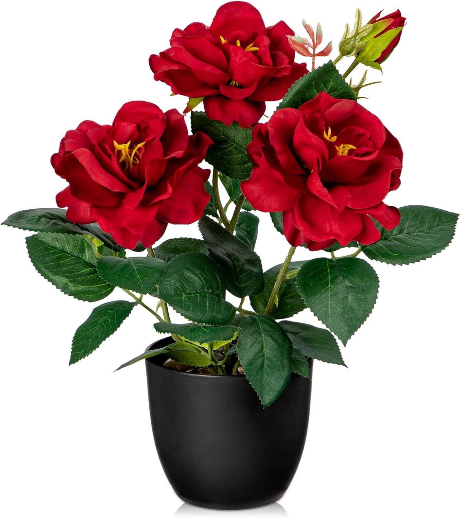 Künstliche Rosen Kunstblumen im Topf 28 cm Deko Rot Echt wie Rote