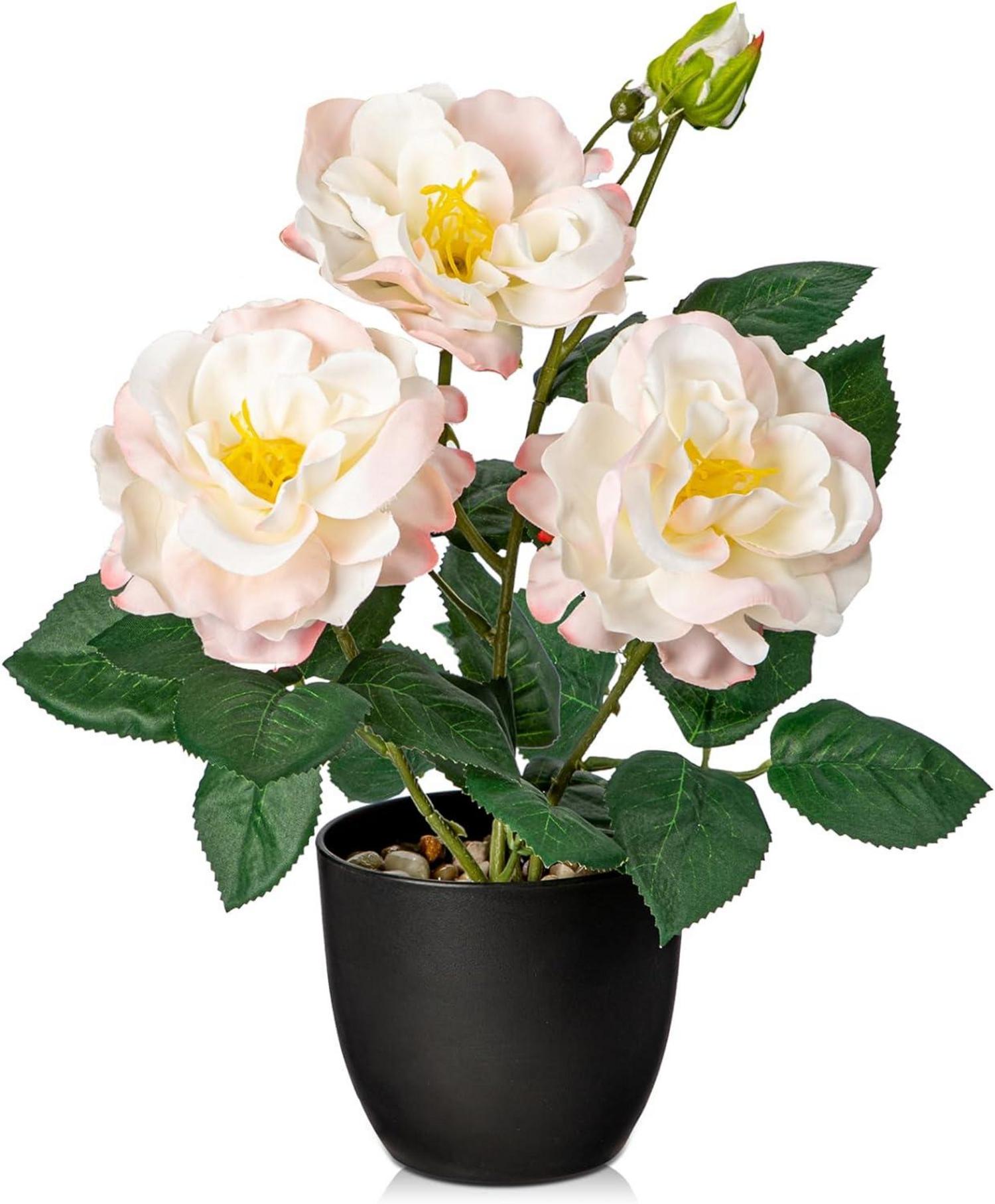 Kunstblumen Rosenbusch Deko Topf 28cm Misty Rosa