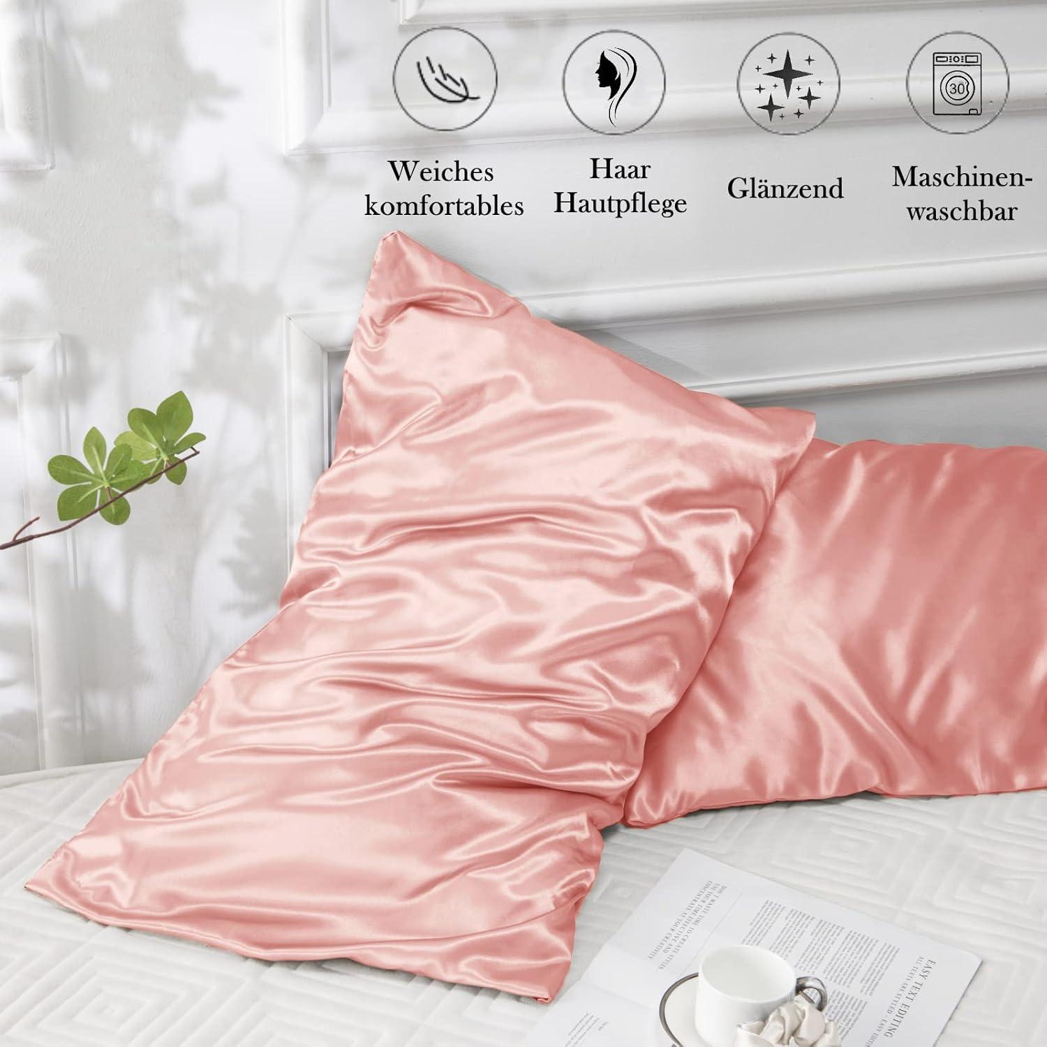 Satin Kissenbezug 40x80 Rosa 2er Set Haargummis