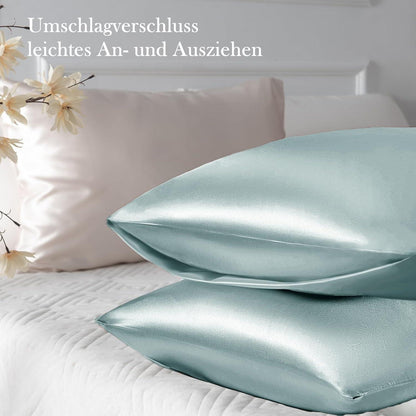 2er Set Satin Kissenbezug 40x80 Grün Haargummis