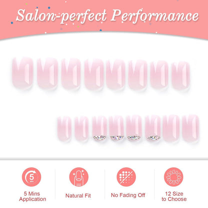 24 Stück French Rosa Weiß Acryl Nägel Natürlich Kurzentwurf