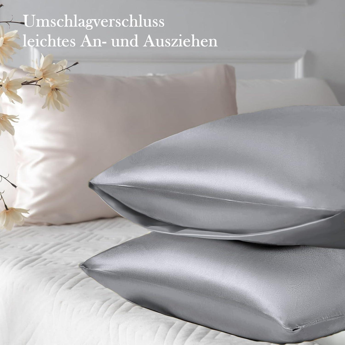Satin Kissenbezug 2er Set 50x80 Grau mit Haargummis & Umschlag