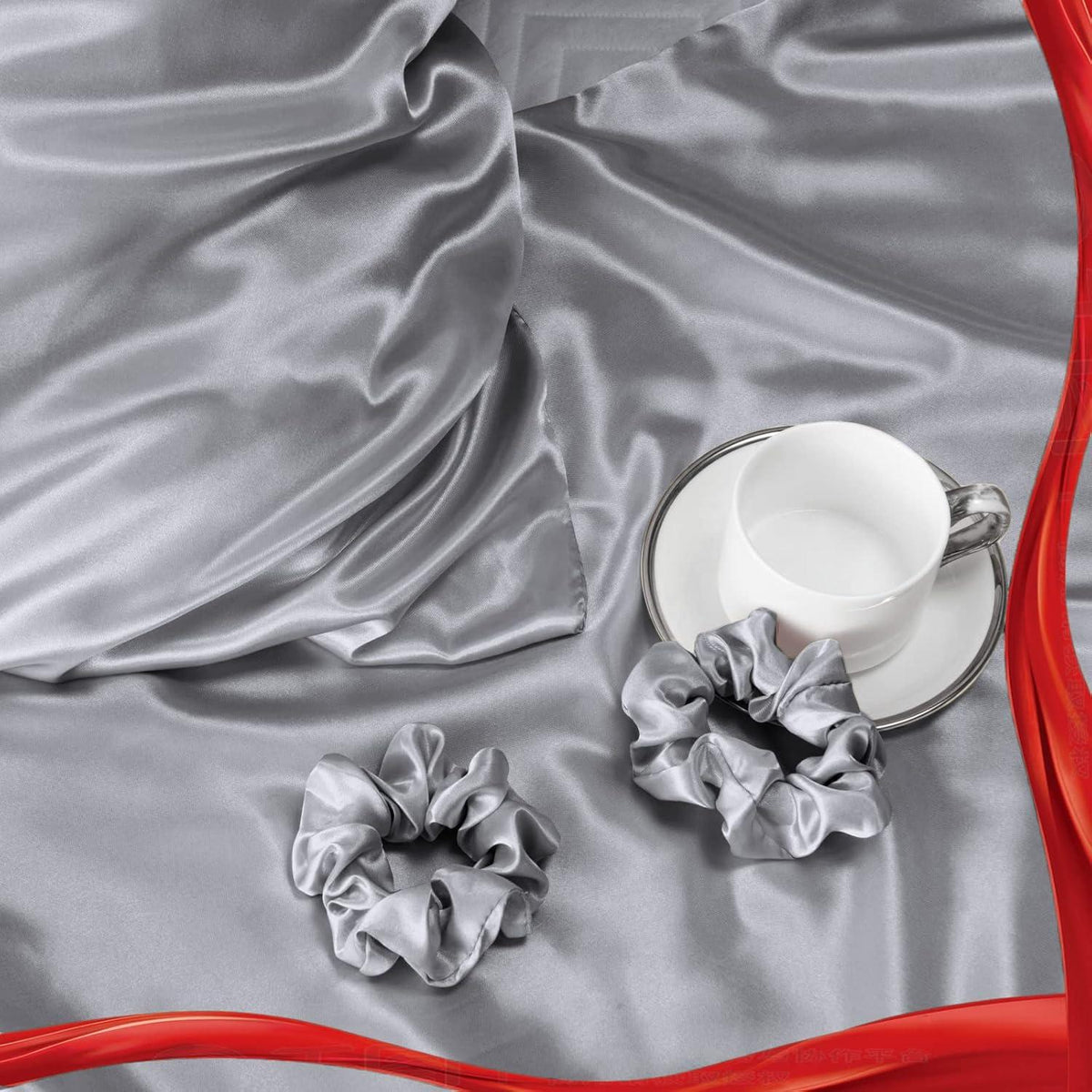 Satin Kissenbezug Set 50x80 Grau mit Haargummis - Pflege für Haar und