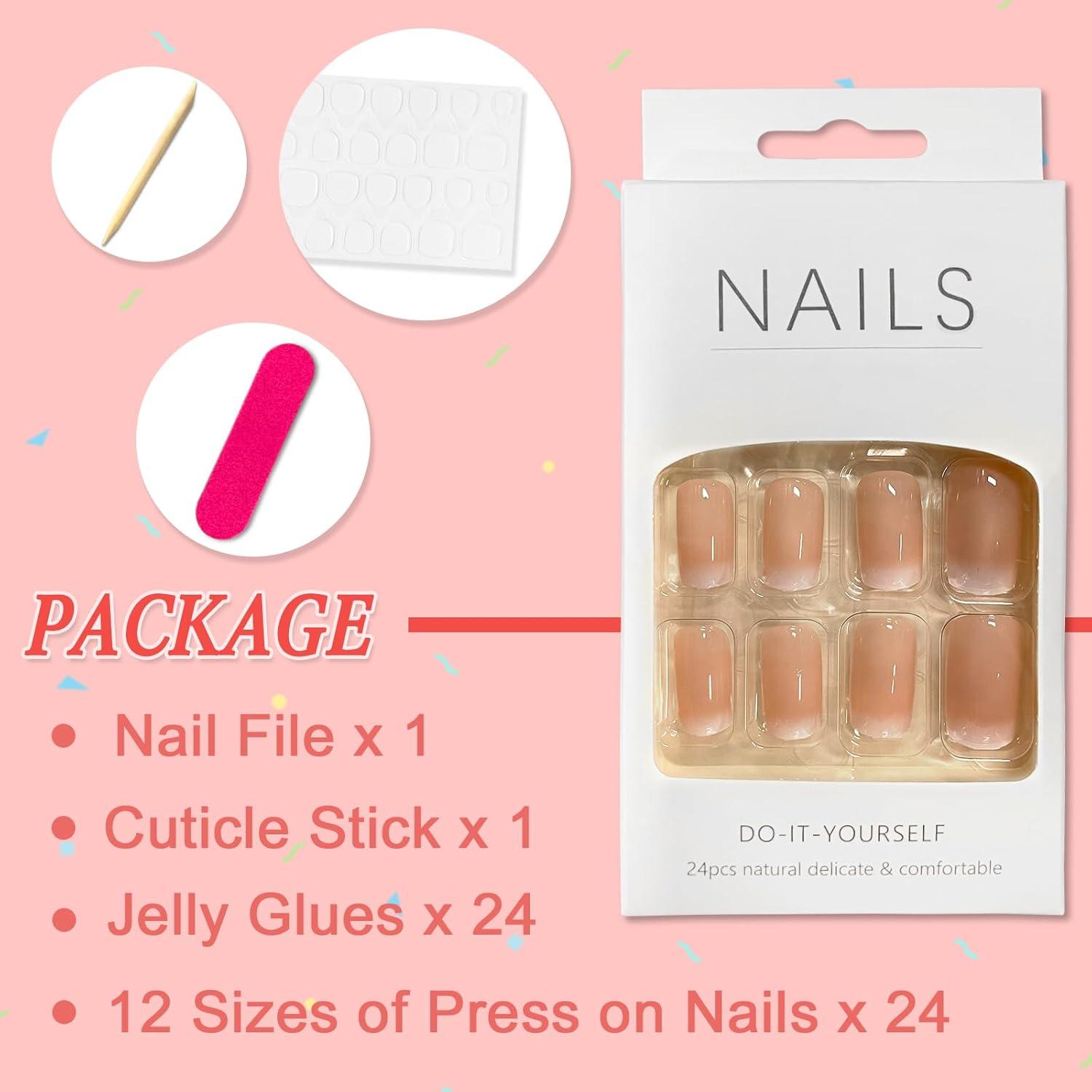 24er Set French Nude Rosa Press on Nails Kurz Eckig Acryl Fingernägel