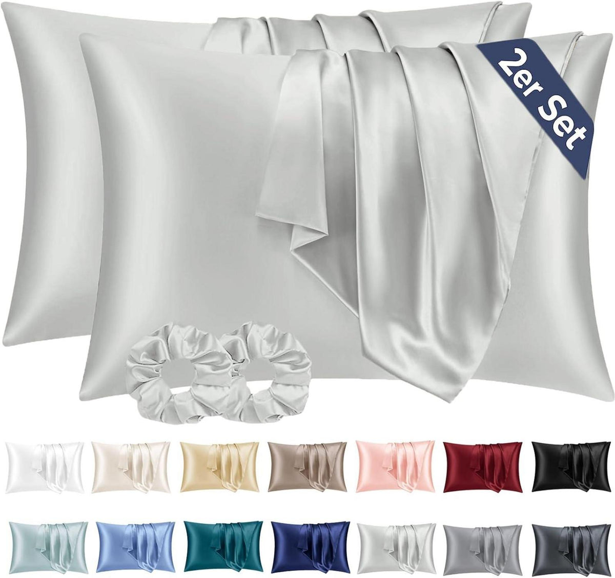 Satin Kissenbezug 40x60 Grau mit Haargummis, Pflege für Haar und Haut