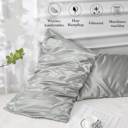 Satin Kissenbezug 40x60 Silber Grau 2er-Set Haargummis, Pflege für Haar & Haut