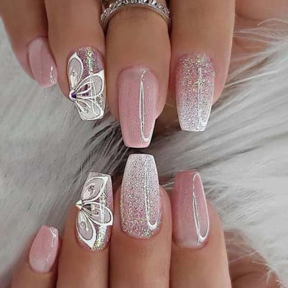 24 Stück Rosa Glitzer Nägel Zum Aufkleben mit Schmetterlings Strass