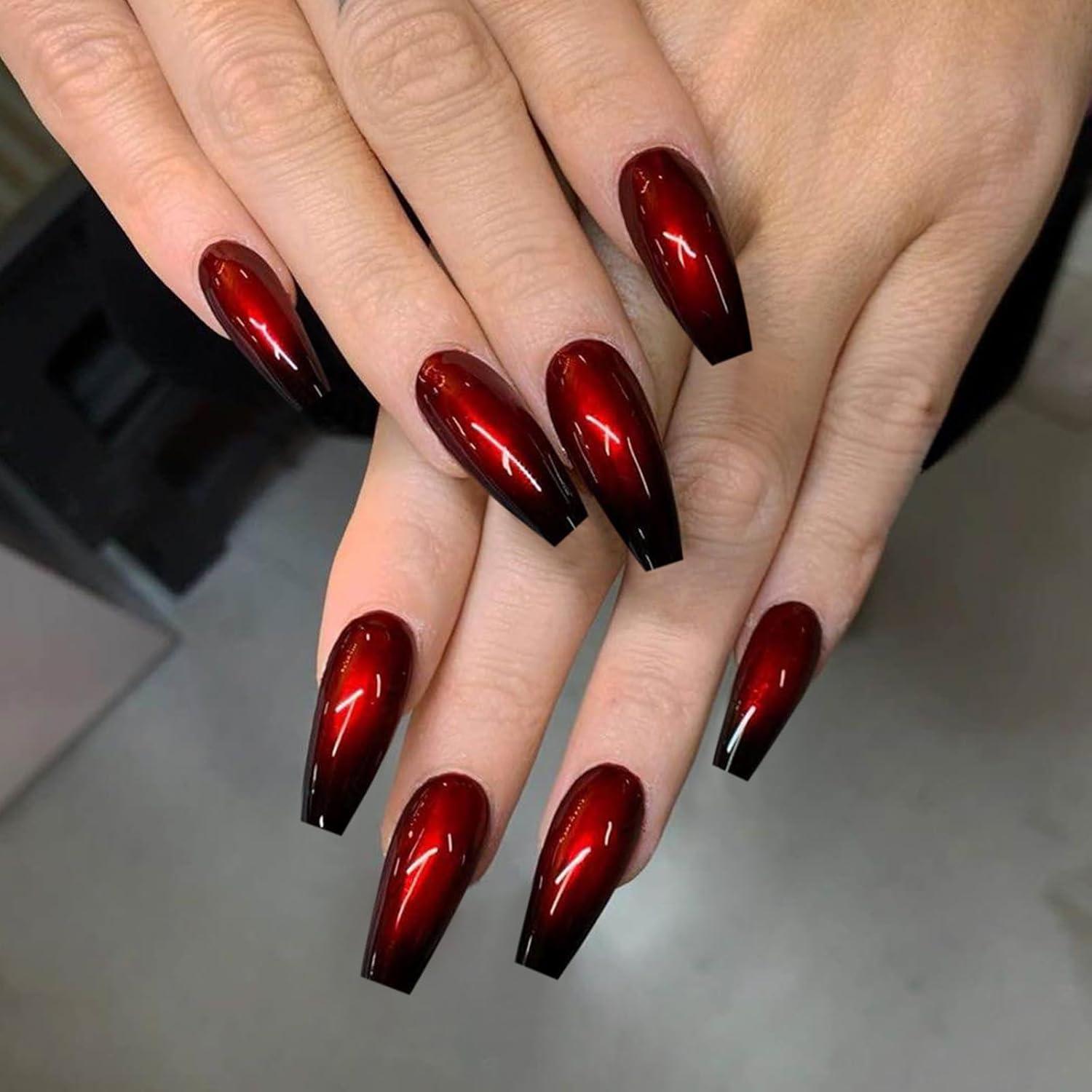 24 Stück Mittel Sarg Nägel Rot Schwarz Farbverlauf Press on Nails