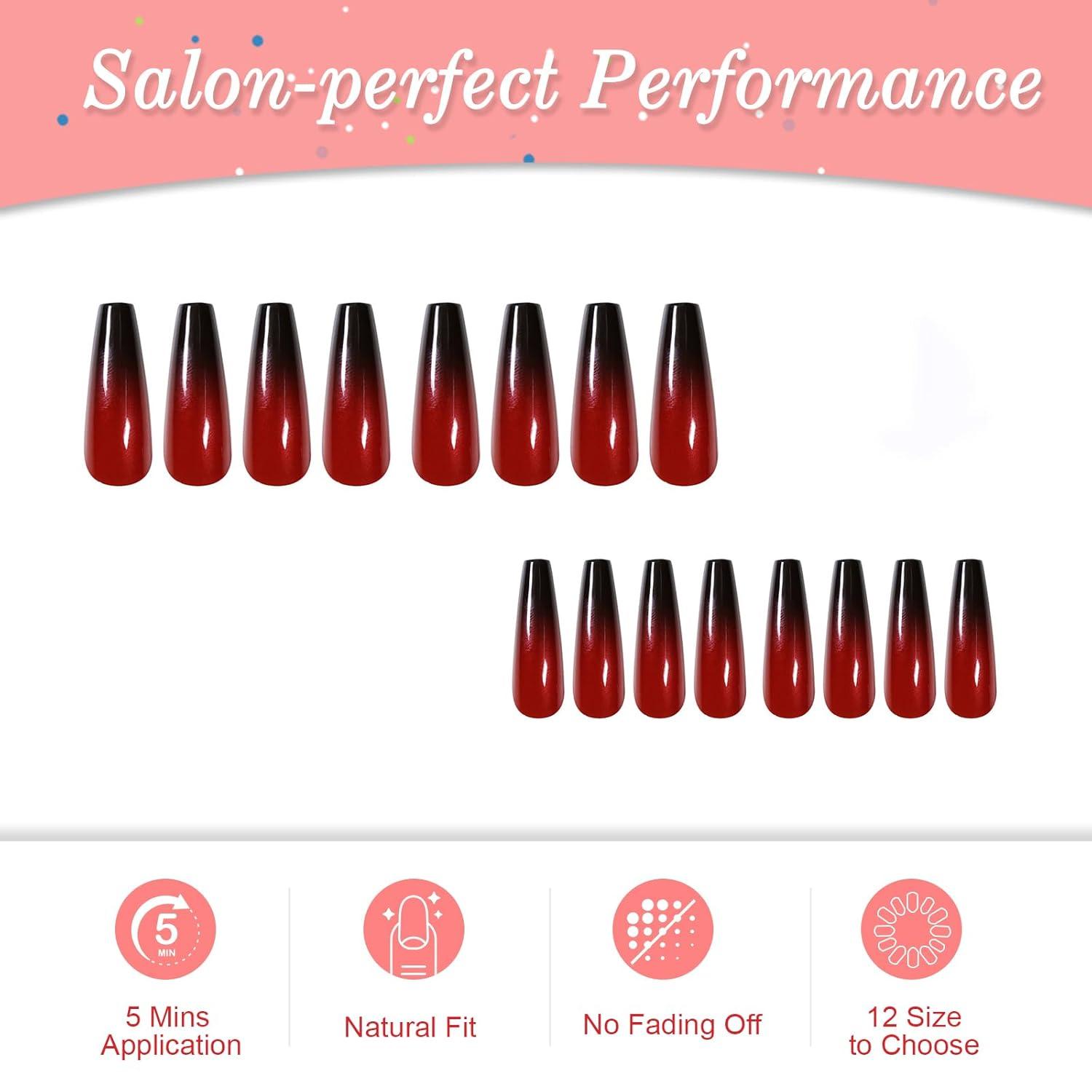 24 Stück Mittel Sarg Nägel Rot Schwarz Farbverlauf Press on Nails