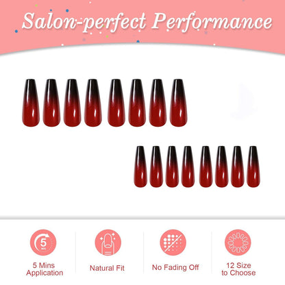 24 Stück Mittel Sarg Nägel Rot Schwarz Farbverlauf Press on Nails