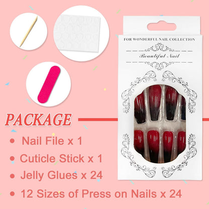 24 Stück Kunstnägel Mittel Sarg Press on Nails Rot Schwarz Farbverlauf