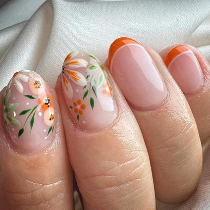 24 Stück Künstliche Nägel Orange Blumen Kunstnägel Press on Nails