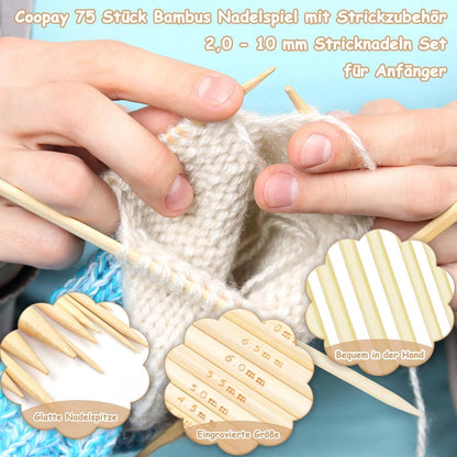 Coopay Bambus Stricknadeln Set 75 Stück Nadelspiel Strickzubehör 20 cm 2,0-10 mm