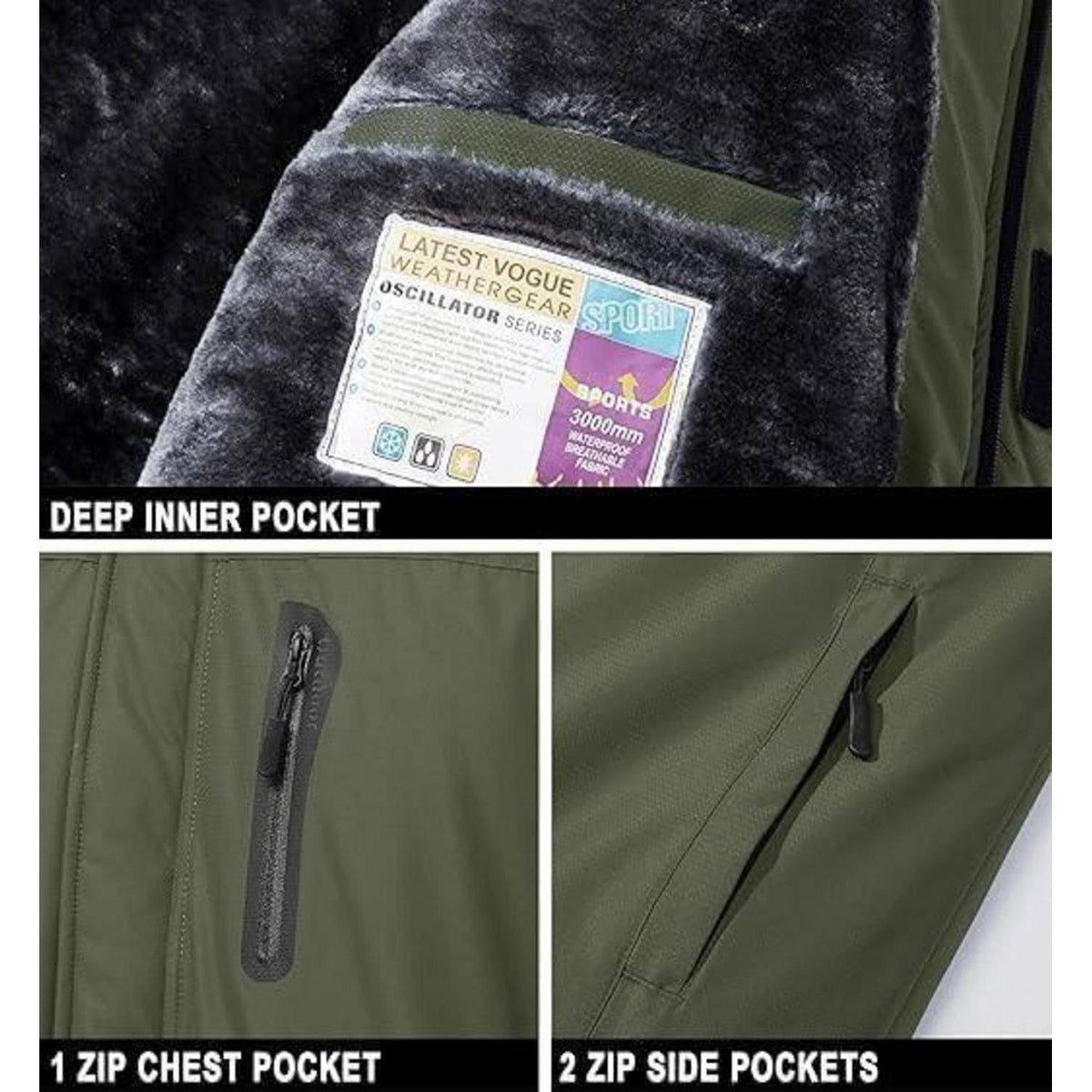 Herren Skijacke Wasserdicht & Warm – Outdoor Winterjacke Armeegrün