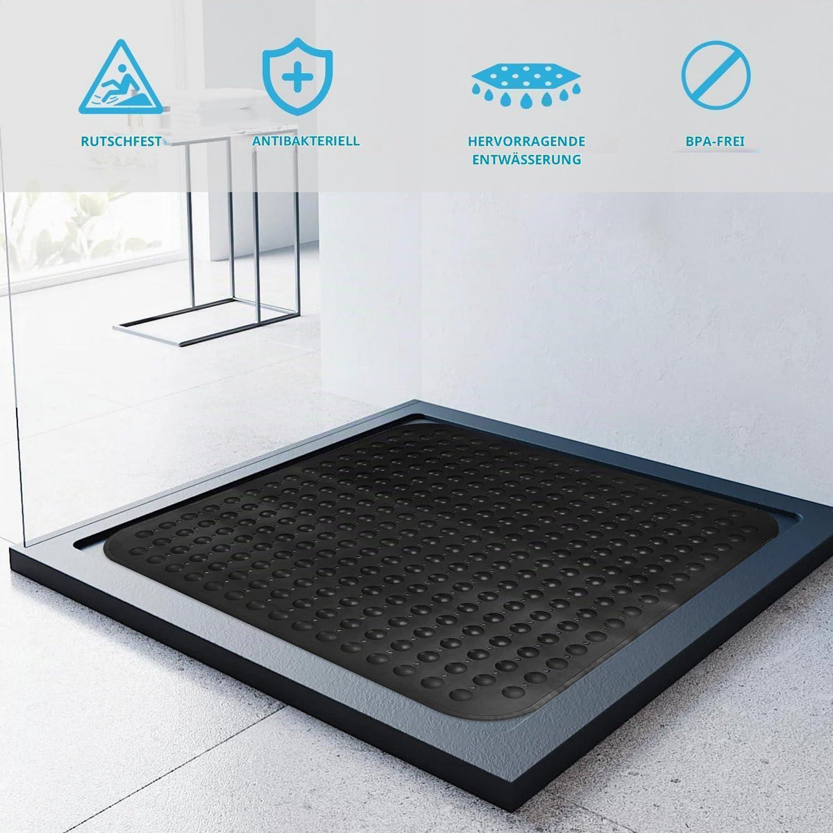 Rutschfeste Duschmatte 80x80 cm – Schwarz für Senioren