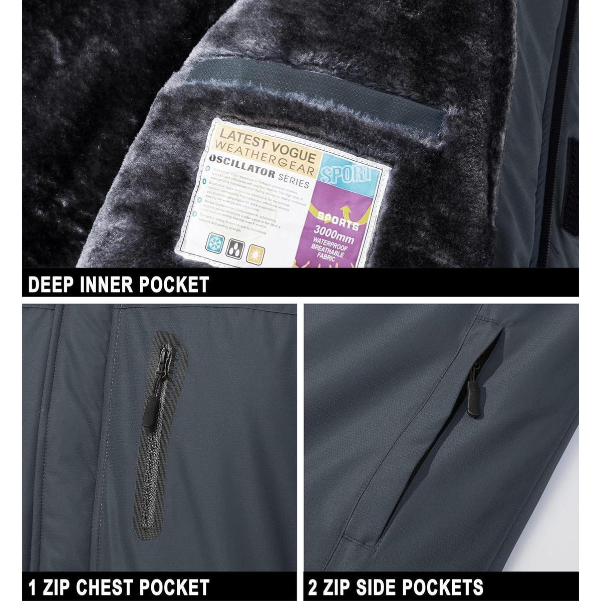 Herren Skijacke Wasserdicht & Warm – Dunkelgrau 3XL