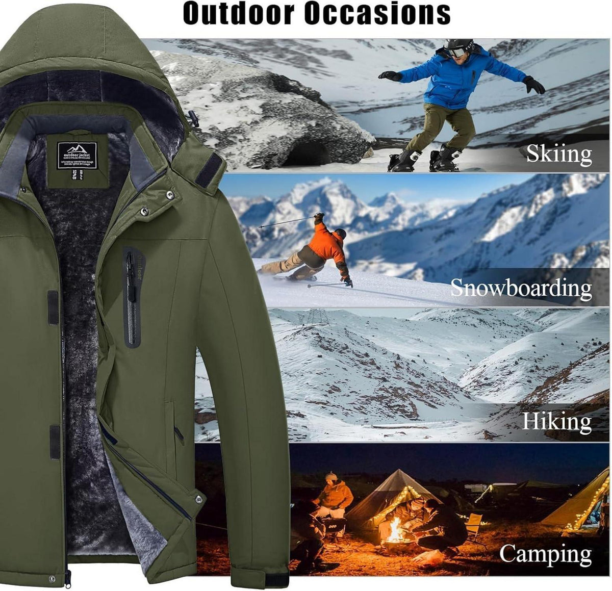 Herren Skijacke Wasserdicht Winterjacke Warm gefüttert Fleece S Army