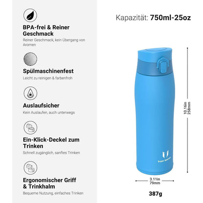 Edelstahl Thermosflasche 750ml Himmelblau mit 2 Deckeln
