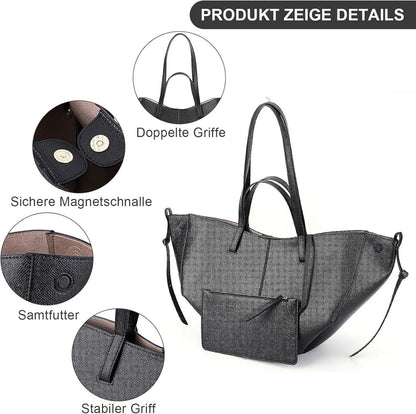 Damen Handtasche Umhängetasche Groß Shopper PU Leder Schwarz