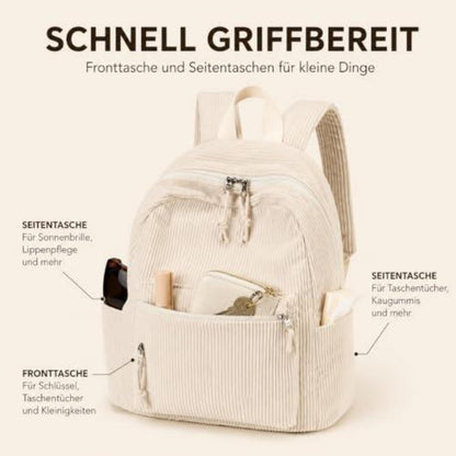 Damen Rucksack klein Cord Beige mit Mini Geldbörse