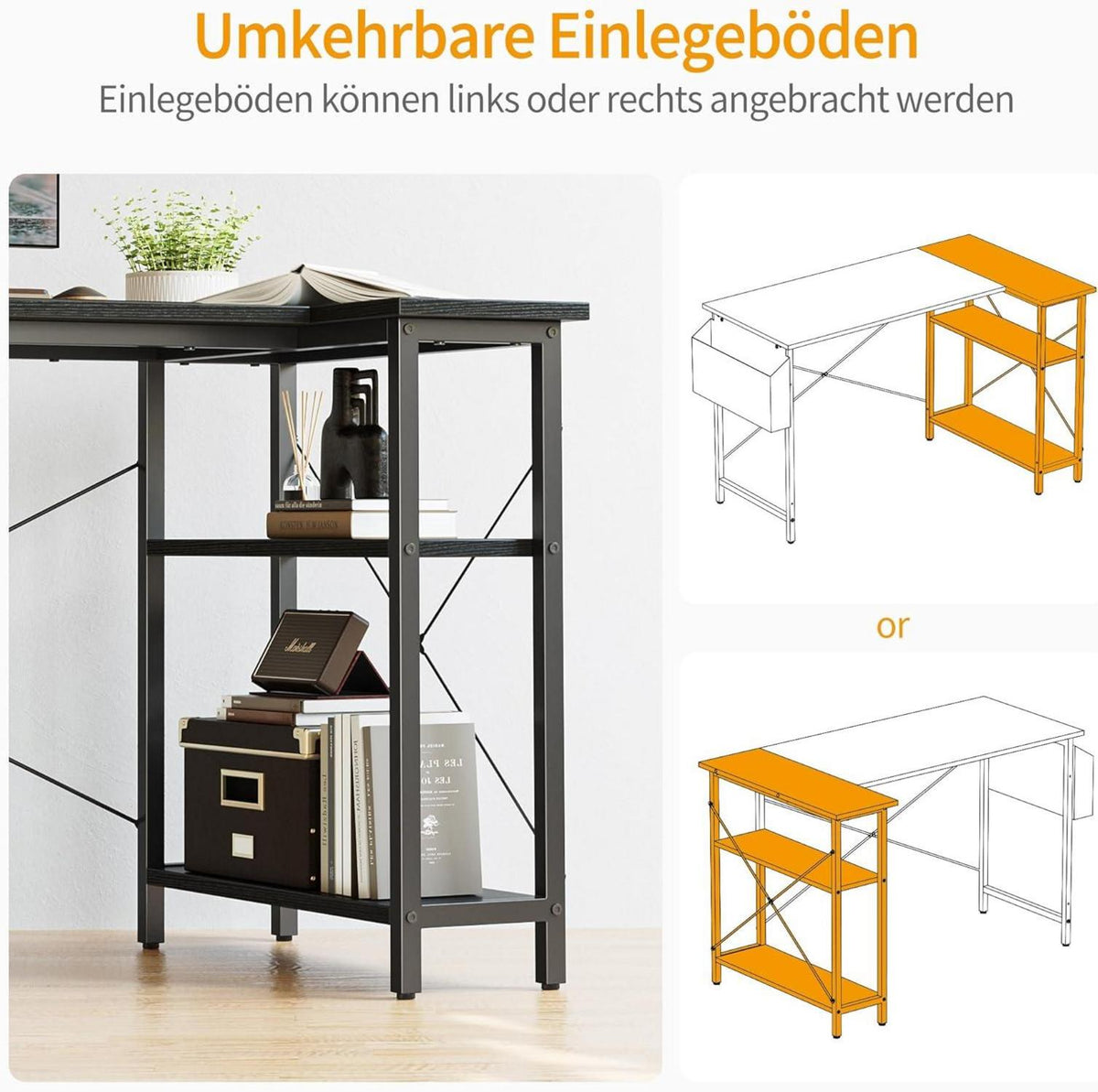 Umkehrbarer Gaming Computertisch mit Regalen, 120cm L-förmiger