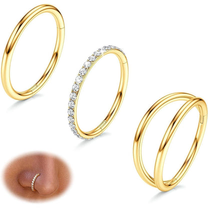 3er Set Nasenpiercing Ringe 18G 8mm Gold CZ Klicker Septum Helix