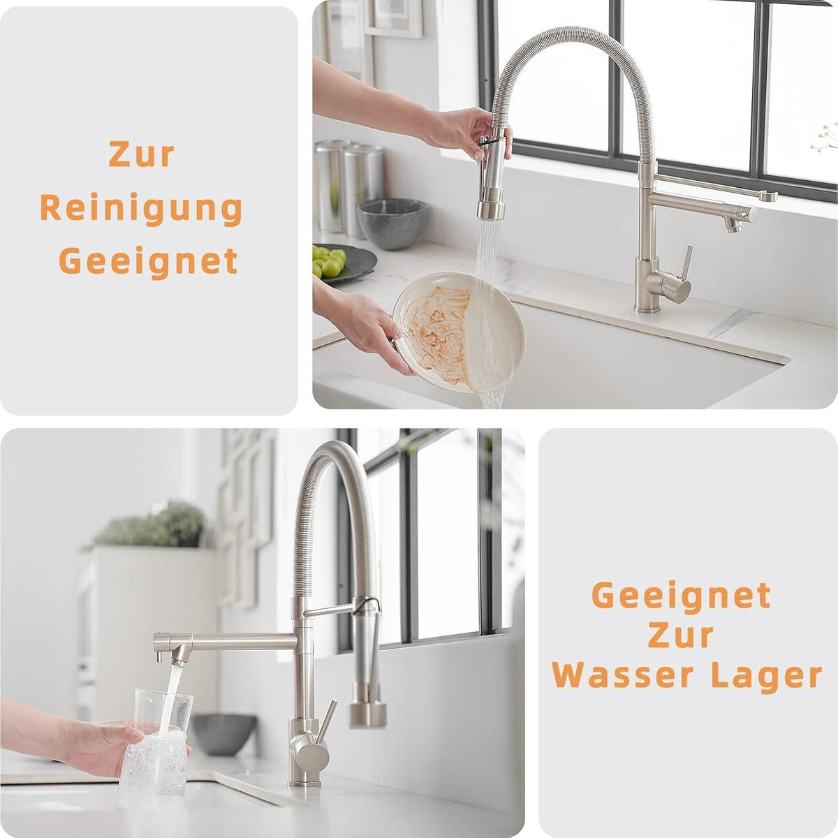 TIMACO Wasserhahn Küche mit Schloss Brause 360° Schwenkbar Gebürstetes Nickel