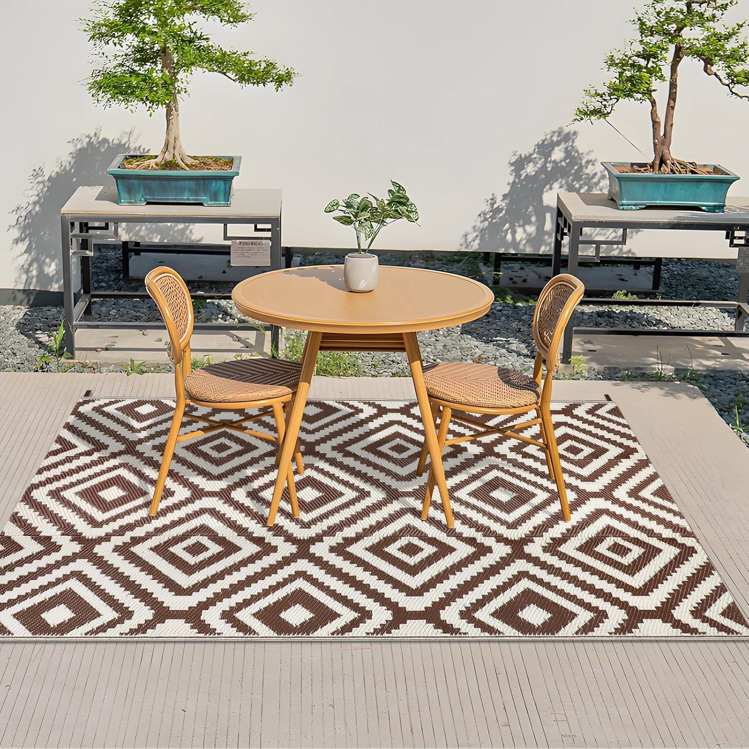 Wetterfester Outdoor-Teppich 120x180cm für Terrasse, Balkon - Kaffee/Beige