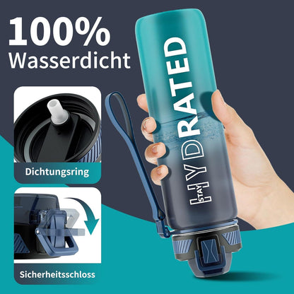 QLUR Trinkflasche 1L BPA-Frei Tritan Auslaufsicher mit Zeitmarkierung und Bürste Blau